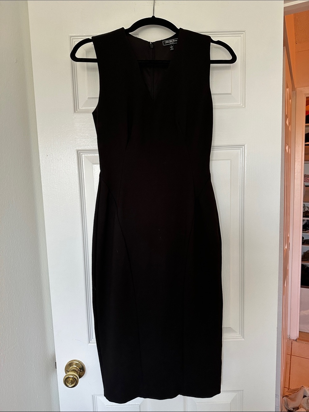 Saks Fifth Avenue Black Sleeveless V-Neck Midi Sheath Dress
